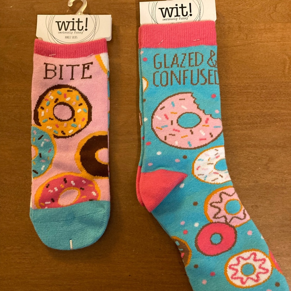 Pair of 2 WIT Socks. 2 Pairs Womens Novelty socks Donut Lovers. New with tags.